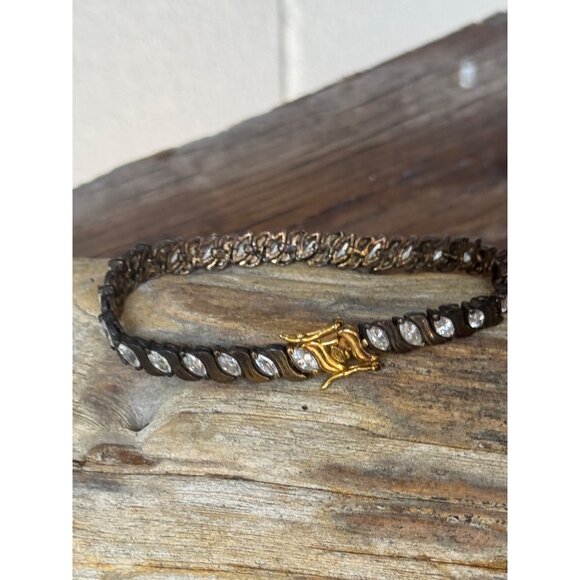 Vintage DBJ Sterling Silver GOLD VERMEIL Bracelet With Marquise Cubic Zirconia S - Picture 1 of 7